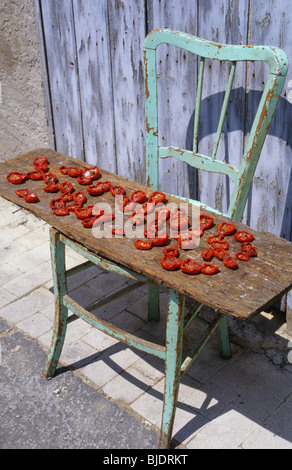 Tomaten trocknen in der Sonne auf einem alten Stuhl in der Straße. Insel Ravanusa, Sizilien, Italien Stockfoto