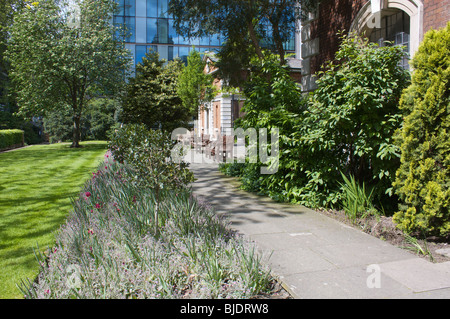 Landschaftsansicht St Botolph Kirche, Aldgate, London, vorderen Garten mit Büro im Hintergrund Stockfoto