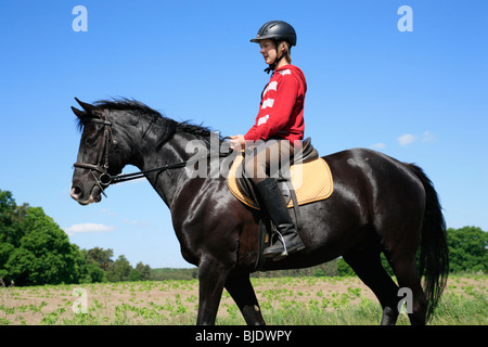 Teenager-jungen schwarzen Hengst Reiten Stockfoto