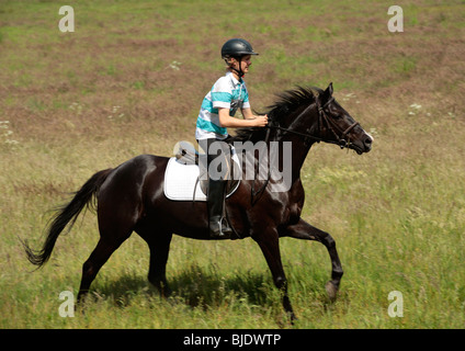 Teenager-jungen schwarzen Hengst Reiten Stockfoto