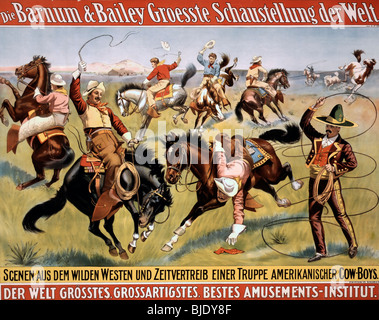 Deutsch Barnum und Bailey Zirkus Plakat, 1900 Zirkus Plakat zeigt Cowboys Reiten und Seil Kunststücke. Stockfoto