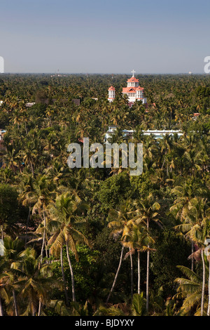 Indien, Kerala, Kollam, erhöhten Blick des Jesuskindes pro-Kathedrale Spire aus Kokospalmen Stockfoto