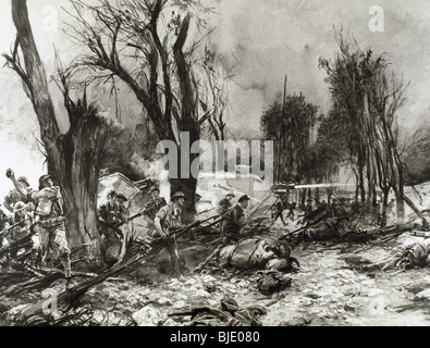 Ersten Weltkrieg (1914-1918). Amerikanische Soldaten an der französischen Front von Saint-Pierre Aigue (18. Juli 1918). Zeichnung. Stockfoto