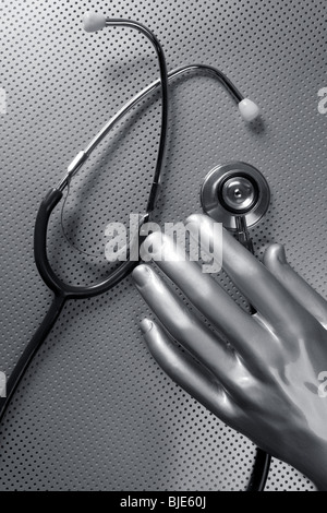 Gesundheit Stethoskop futuristische Silber grau Hand Konzept Metapher Stockfoto