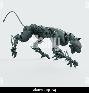 Angreifende metallischer Panther in Bewegung mit roten bösen Augen. 3D Bild Stockfoto