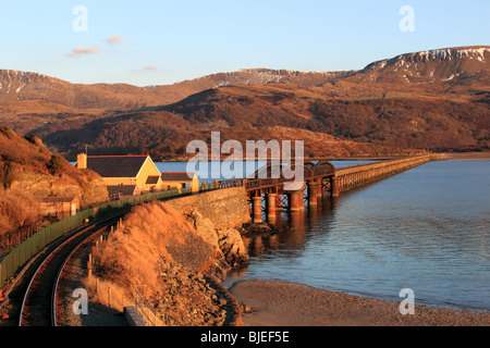 Barmouth Brücke führt die Bahnstrecke in Barmouth und können zu Fuß auf Zahlung einer Maut überquert werden. Cadair Idris ist darüber hinaus. Stockfoto