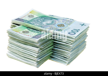 Stapel des polnischen Zloty isoliert auf weißem Hintergrund Stockfoto