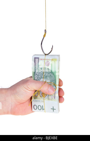 Geld von der Fischerei Haken isolierten auf weißen Hintergrund Stockfoto