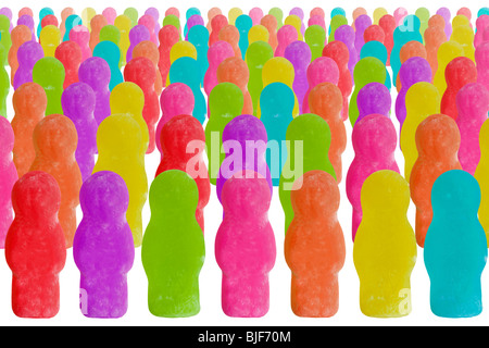 Konzeptionelle Jellybaby Serie. Gummibären in verschiedenen Szenarien, Erfolg, Misserfolg, Geschäft usw. darstellt. Sehr bunte Bilder Stockfoto