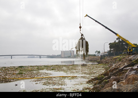 Krane, Abholung Müll Schutt nach dem ersten Regen der Saison aus Müll boom auf dem Los Angeles River in Long Beach Stockfoto