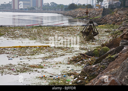 Krane, Abholung Müll Schutt nach dem ersten Regen der Saison aus Müll boom auf dem Los Angeles River in Long Beach Stockfoto