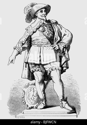 Gustav II Adolf, 19.12.1594 - 16.11.1632, König von Schweden 30.10.1611 - 16.11.1632, volle Länge, Statue, Skulptur von Bengt Erland Fogelberg, Goeteborg, 1854, Holzgravur, 19. Jahrhundert, Stockfoto