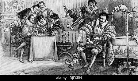 Heinrich III., 19.9.1551 - 2.8 1589, König von Frankreich 30.5.1574 - 2.8.1589, mit seinem Hund spielen, Holzgravur, 19. Jahrhundert, Stockfoto