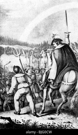 Muentzer, Thomas, ca. 1490 - 27.5.1525, deutscher Geistlicher, in der Schlacht bei Frankenhausen, 15.5.1525, Holzgravur, 19. Jahrhundert, Stockfoto