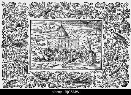 Bildende Kunst, Amman, Jost (1539-1591), Holzschnitt, kämpfen, Szene, von "heldenbuch", gedruckt von Sigmund Feyerabend, Frankfurt am Main, Deutschland, 1590, Faksimile aus 'Der Schatz Formenschatz" (Kunst) von Georg Hirth, 1884, Artist's Urheberrecht veröffentlicht hat nicht geklärt zu werden. Stockfoto