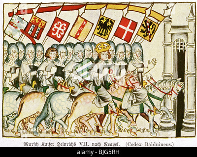 Heinrich VII., ca. 1275 - 24.8.1313, Heiliger römischer Kaiser 29.9.1312 - 24.8.1313, in Neapel, nach Miniatur, Balduini Treverensis, ca. 1340, Stockfoto