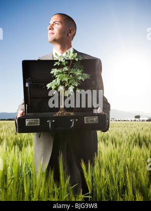 Geschäftsmann hält eine Aktentasche mit einem Baum in es Stockfoto