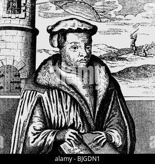 Muentzer, Thomas, circa 1490 - 27.05.1525, deutscher Geistlicher, halbe Länge, Kupferstich, 16. Jahrhundert, Artist's Urheberrecht nicht gelöscht werden Stockfoto