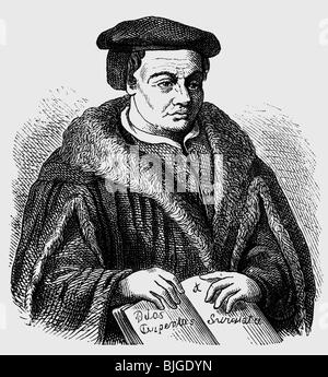 Muentzer, Thomas, ca. 1490 - 27,5.1525, deutscher Geistlicher, halbe Länge, Holzgravur, 19. Jahrhundert, Stockfoto