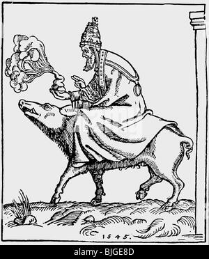 Paul III. (Alessandro Farnese), 29.2.1468 - 10.11.1549, Papst 13.10.1534 - 10.11.1549, Karikatur, auf einem Hund reiten, Holzschnitt von Lucas Cranach dem älteren, 1545, Stockfoto