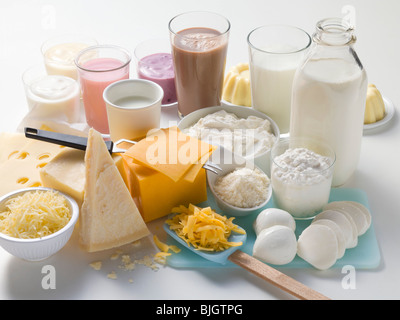 Verschiedenen Milchprodukten, Milchshakes und Käse- Stockfoto