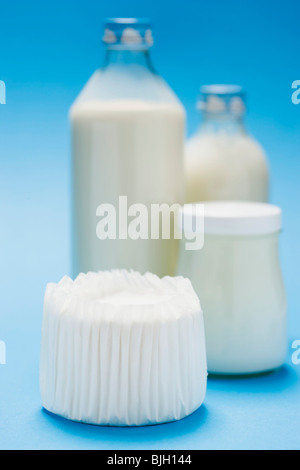 Ziegenkäse, Naturjoghurt und Milch- Stockfoto