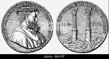 Karl V., 24.2.1500 - 21.9.1558, Heiliger römischer Kaiser 26.10.1530 - 12.9.1556, Porträt, Münze, 16. Jahrhundert, Holzgravur, 19. Jahrhundert, Stockfoto