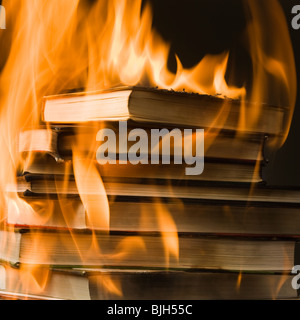 Stapel Bücher auf Feuer Stockfoto