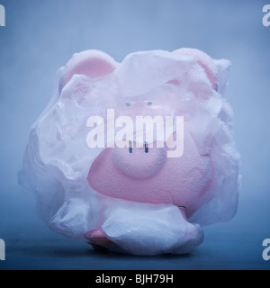 Sparschwein mit Eis bedeckt Stockfoto