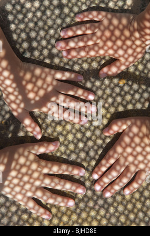 Kinderhände in unter Schatten Muster Stockfoto