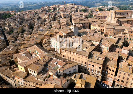 Siena, Toskana, Italien. Blick über die Dächer der mittelalterlichen Stadt Terrakotta-Fliesen von der Spitze des Torre del Mangia Stockfoto