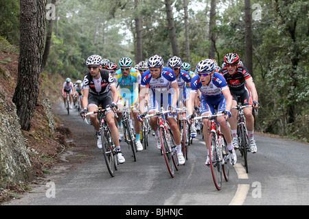 Radfahrer im Wettbewerb mit der Katalonien-Rundfahrt 2010, vorbei an Els Engel, in der Nähe von Girona Stockfoto