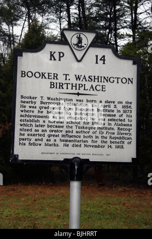 Booker T. Washington Geburtsort Booker T. Washington wurde ein Sklave auf der nahe gelegenen Burroughs-Plantage am 5. April 1856 geboren. Stockfoto