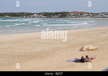 Urlauber auf einem Strand mit blauer Flagge in den Badeort Lappiesbaai neben Still Bay am Indischen Ozean in der westlichen Kappe Stockfoto