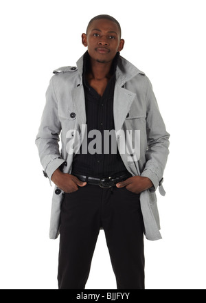 Schwarze afrikanische Jungunternehmer in einem formellen Anzug und graue Jacke und auf einem weißen Hintergrund - nicht isoliert Stockfoto