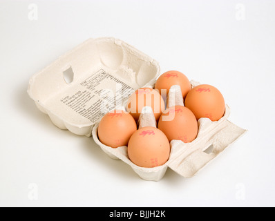 Nahrungsmittel, Uncooked, Eiern, Schachtel mit sechs Freilandeier mit The Lion erfolgenden Eiern bezeichnet, einen strengen Verhaltenskodex Stockfoto