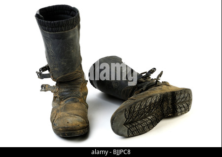 Auch abgenutzte Satz von Motorradstiefel Stockfoto