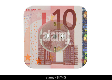 Steckdose und einen 10 Euro-Banknote, symbolisches Bild für hohe Stromkosten Stockfoto