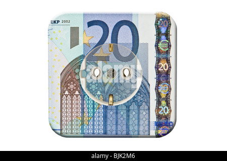 Steckdose und einen 20 Euro-Banknote, symbolisches Bild für hohe Stromkosten Stockfoto