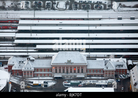 Luftaufnahme, Central Railway Station in den Schnee, Hamm, Ruhr Gebiet, North Rhine-Westphalia, Deutschland, Europa Stockfoto