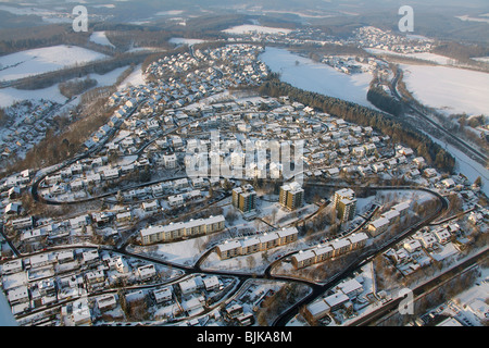 Luftaufnahme, Stadt im Schnee im Winter, Olpe, Nordrhein-Westfalen, Deutschland, Europa Stockfoto