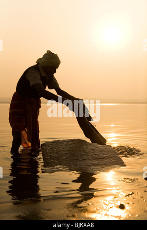 Ein indischer Mann, ein Dhobi wäscht Kleidung in den Fluß Ganga (Ganges) in Varanasi, Indien Stockfoto