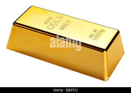 Foto von einem 1kg gold Bar isoliert auf weißem Hintergrund mit Beschneidungspfad Stockfoto