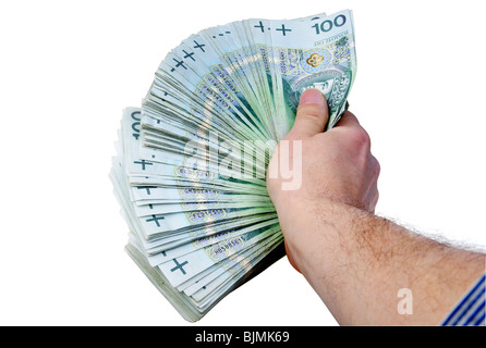 Polnische Geld in Hand isoliert auf weißem Hintergrund Stockfoto