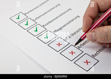 Beurteilung der persönlichen Leistungen, Renten-Versicherung, Lebensversicherung, Krankenversicherung, Pflegeversicherung, Auto hlung Stockfoto