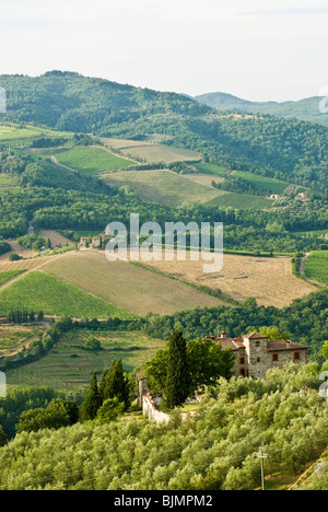 Italien, Toskana, Chianti, in der Nähe von Radda in Chianti, Landschaft mit Weinbergen, Wald und manor Stockfoto