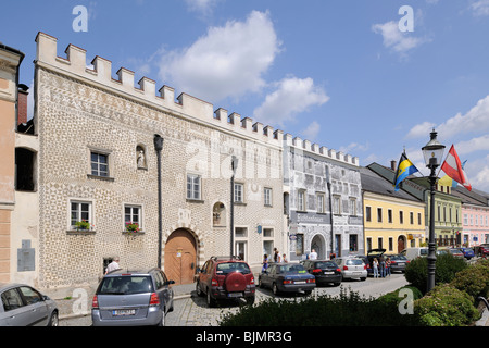 Häuser mit Sgraffito Dekorationen, wichtigsten Platz von Gmünd, Region Waldviertel, Niederösterreich, Österreich Stockfoto