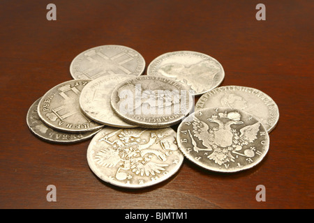 alte russische Münzen alte Silber Rubel Stockfoto