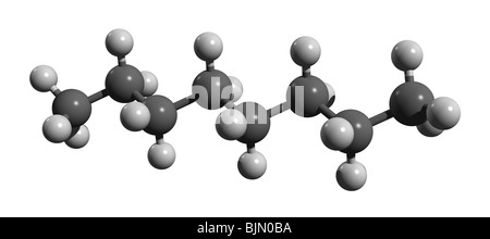 Oktan Molekül (Farbcode: Schwarz = Kohlenstoff, weiß = Wasserstoff) Stockfoto