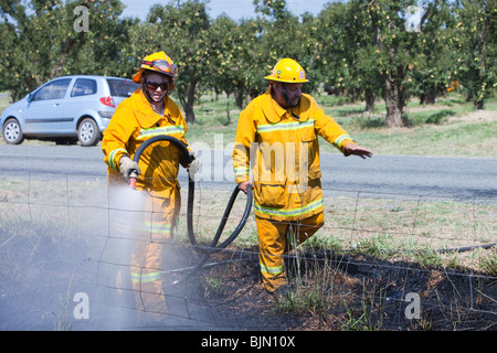 CFA Feuerwehrleute bekämpfen Brandfall am Straßenrand in der Nähe von Shepperton, Victoria, Australien. Stockfoto